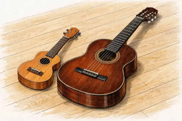 kw img 150c564fcf9e - www.UkuleleWeb.com Eine kleine hellbraune Ukulele mit vier Saiten liegt neben einer größeren dunkelbraunen Konzertgitarre mit sechs Saiten auf einem hellen Holzboden, beide Instrumente sind leicht schräg zueinander positioniert und im warmen Licht deutlich in Größe und Form zu vergleichen.