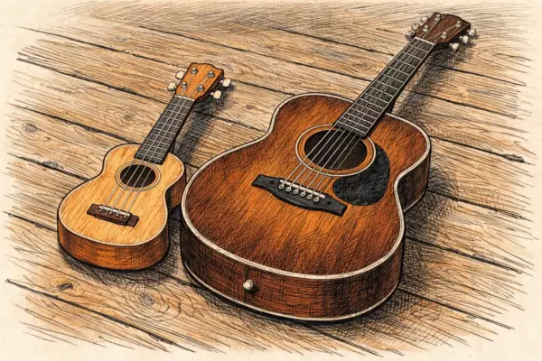 kw img 8aa31b8581c7 - www.UkuleleWeb.com Eine kleine hellbraune Ukulele mit vier Saiten liegt neben einer größeren dunkelbraunen Akustikgitarre mit sechs Saiten auf einem rustikalen Holzboden, im weichen seitlichen Licht sind die unterschiedlichen Größenverhältnisse und die Holzmaserung beider Instrumente deutlich erkennbar.
